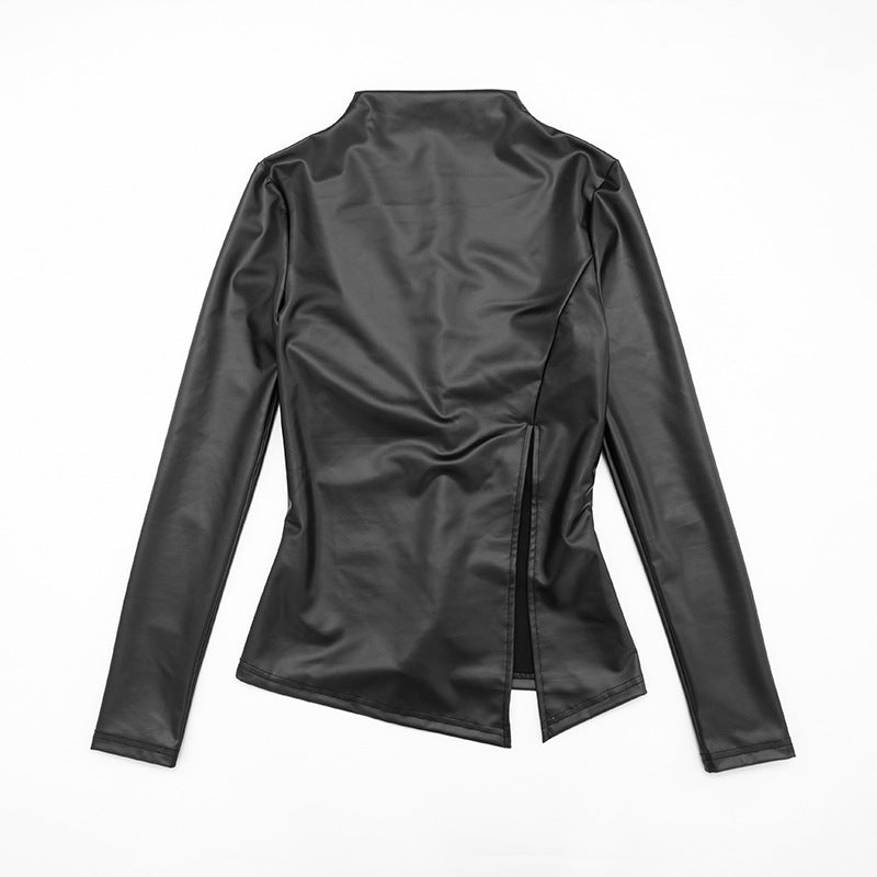 MB10122 Faux Leather Long Sleeve Split Top & High Waist Shorts