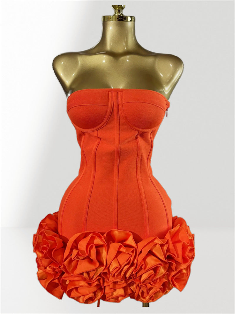 MB2104 Bandage Mini Dress, 3D Floral Ruffle Hem, Music Festival Gown