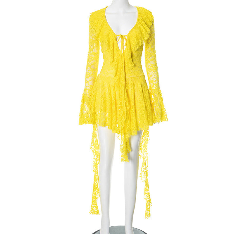 MB10118 Lace Dress with Bell Sleeves - Women's Party Outfit