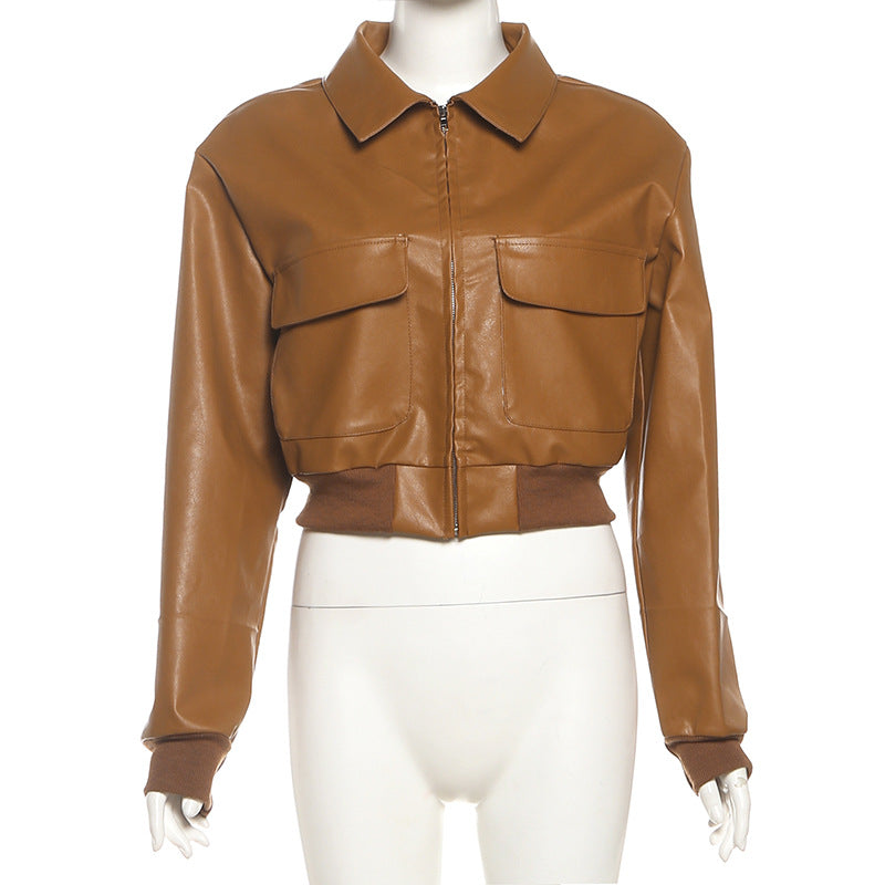 MB1137 Tan Cropped PU Leather Bomber Jacket with Cargo Pockets