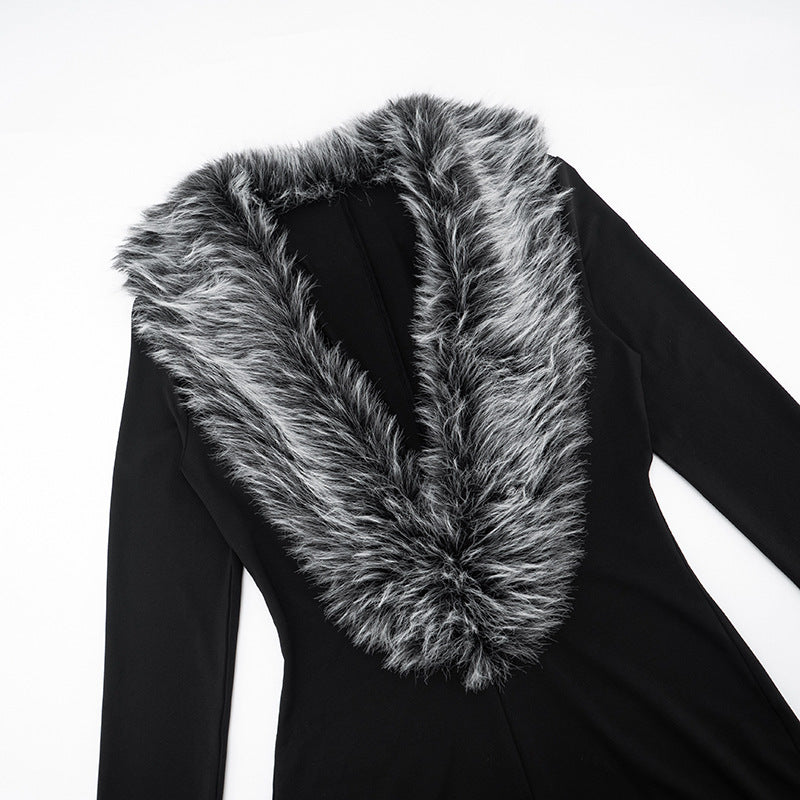 MB10131 Women's Black Faux Fur Collar Long Sleeve Bodycon Romper