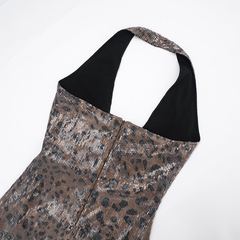 MB10108 Leopard Sequin Halter Backless Maxi Dress