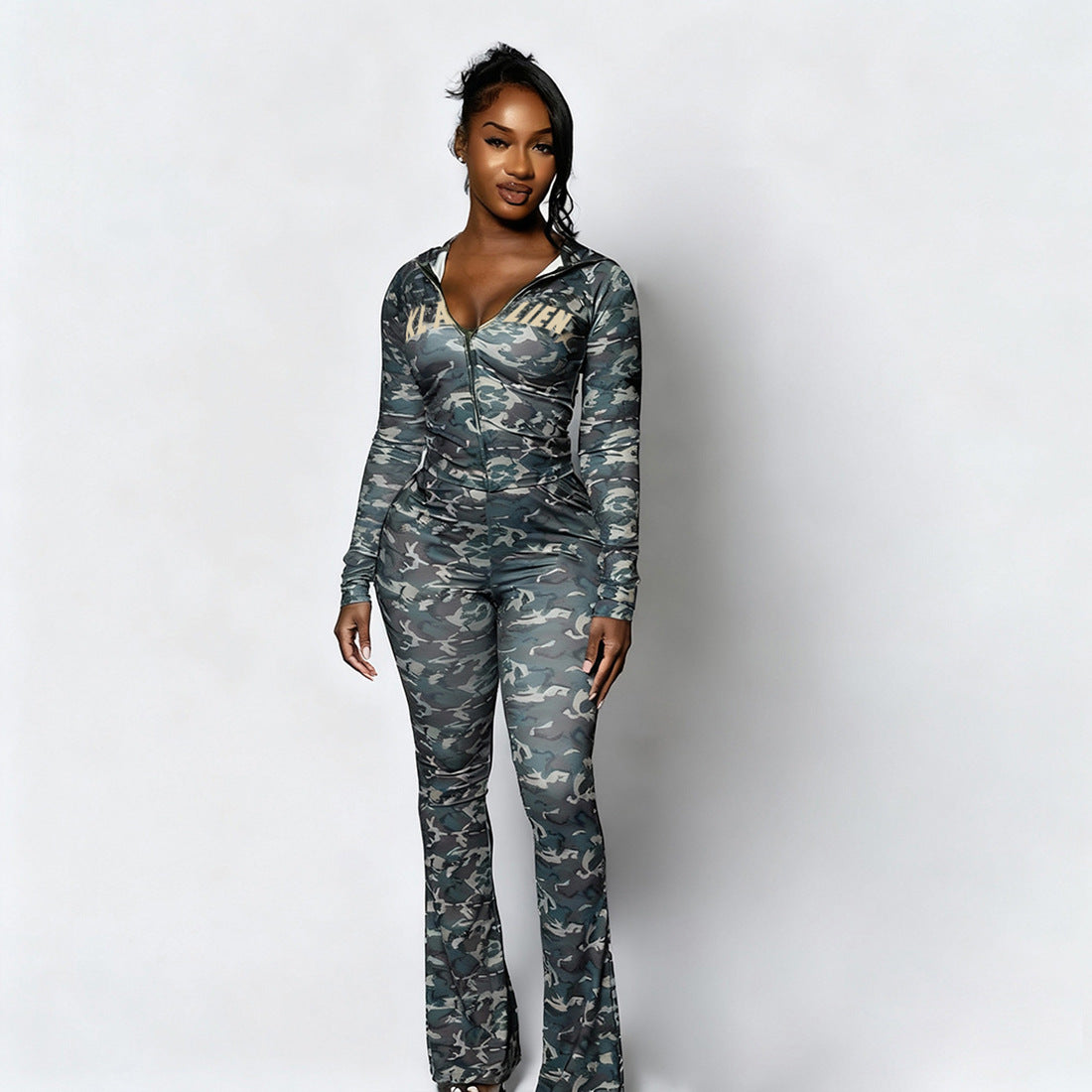 MB1830 Women's Leopard Print Zip Up Hoodie & Flared Pants 2 Piece Set