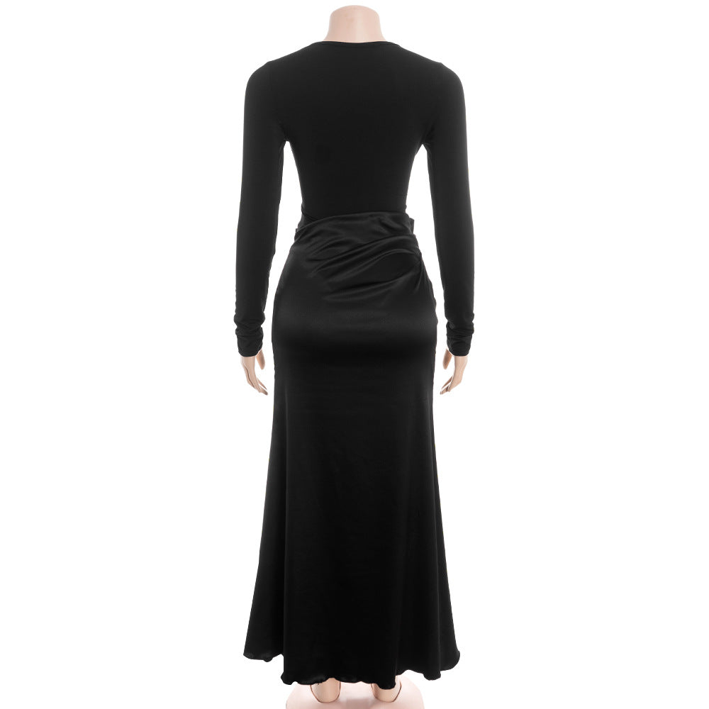 MB1314 Long Sleeve Round Neck Ruched Maxi Dress for Women