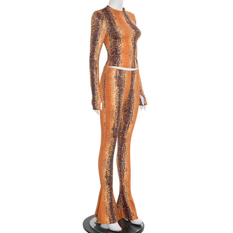 MB1431 Orange Snake Print Crop Top & Flared Bell Bottom Pants