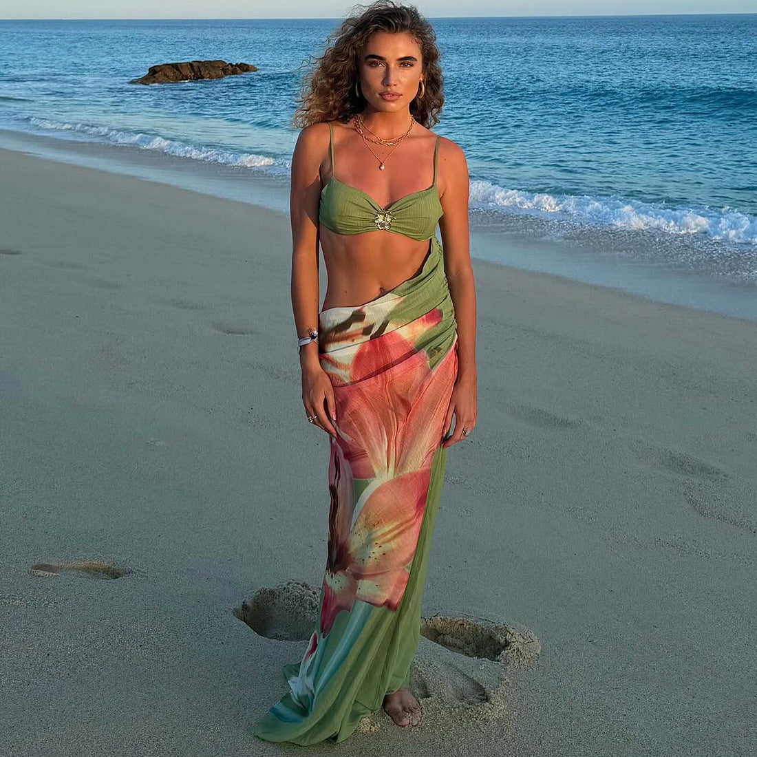 MB1169 Green Lily Print Cut Out Maxi Dress | Spaghetti Strap Backless Bodycon Gown