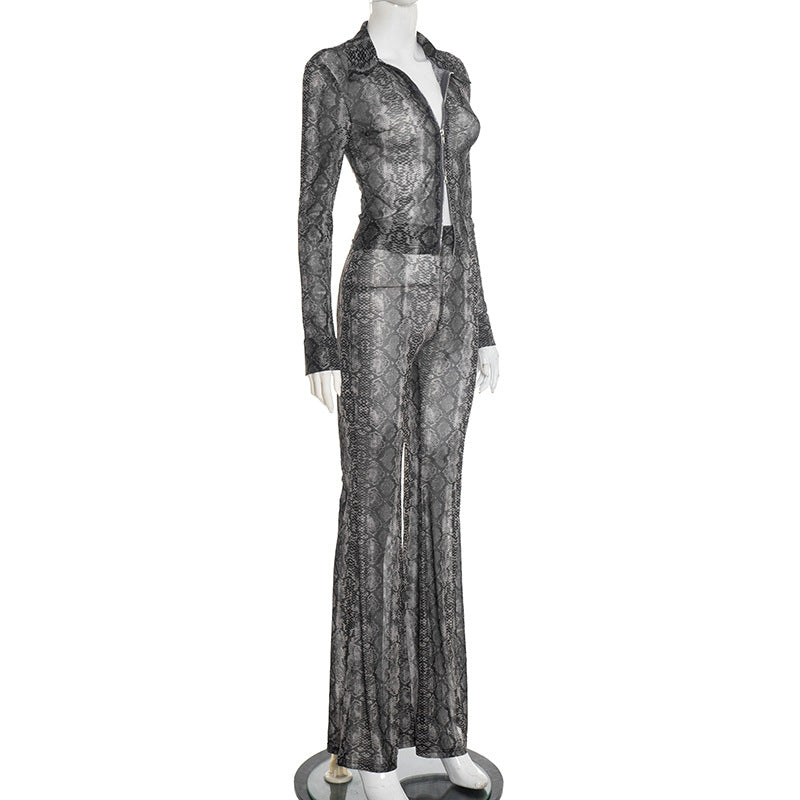 MB10109 Snake Print Mesh 2-Piece Set - Long Sleeve Top & Flared Pants