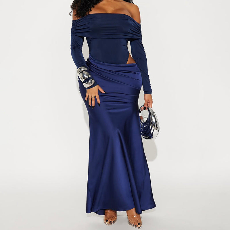 MB1416 Off-the-Shoulder Long Sleeve Satin Side Slit Maxi Dress
