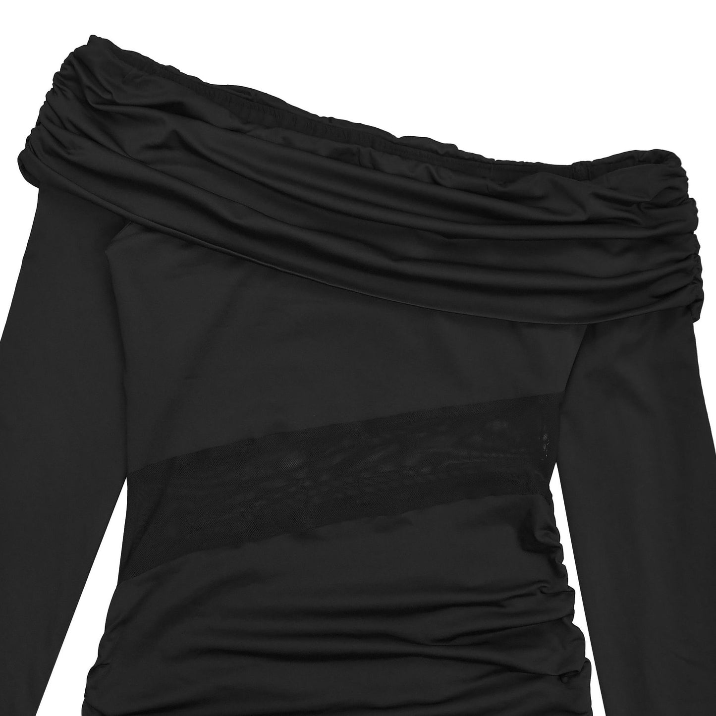 MB1614 Off-the-Shoulder Mesh Cutout Ruched Maxi Dress with Slit