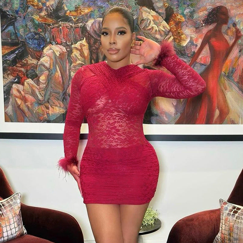 MB10117 Lace Sheer Bodycon Dress with Fur Cuff Detail