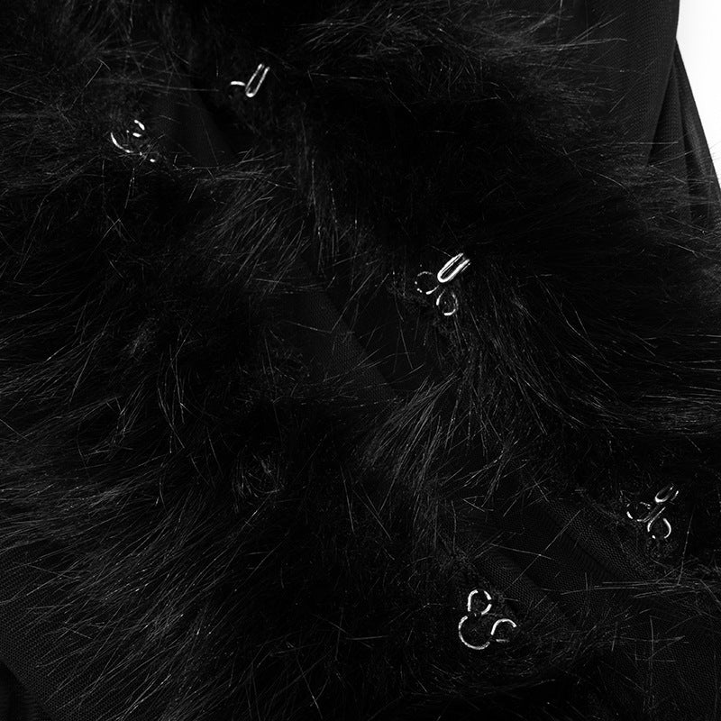 MB10134 Women's Black Sheer Mesh Faux Fur Trim Cardigan Top