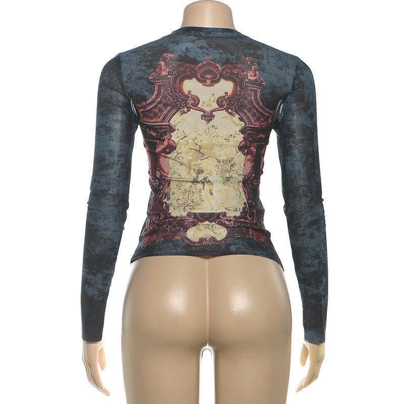 MB1138 Vintage Print Long Sleeve Mesh Top