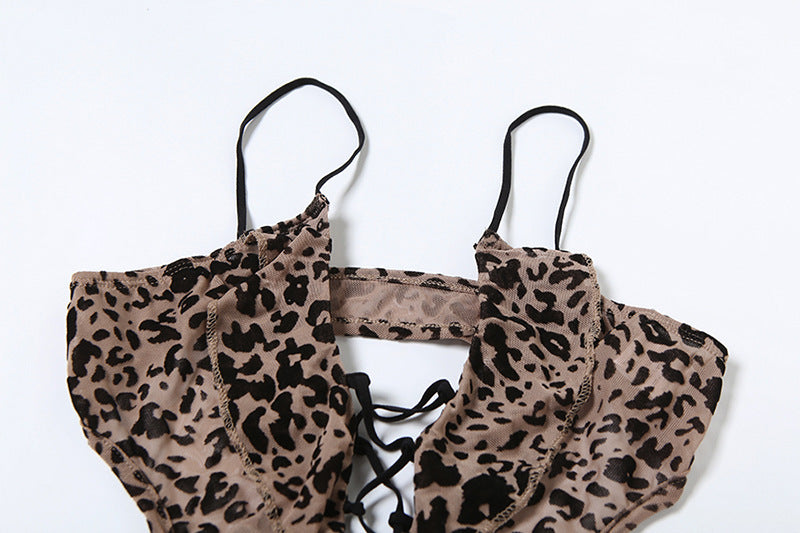 MB1502 Leopard Print Lace-Up Sheer Romper