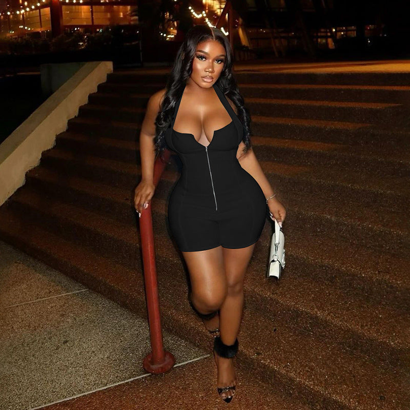 MB1101 Solid Color Halter Backlaess Jumpsuit