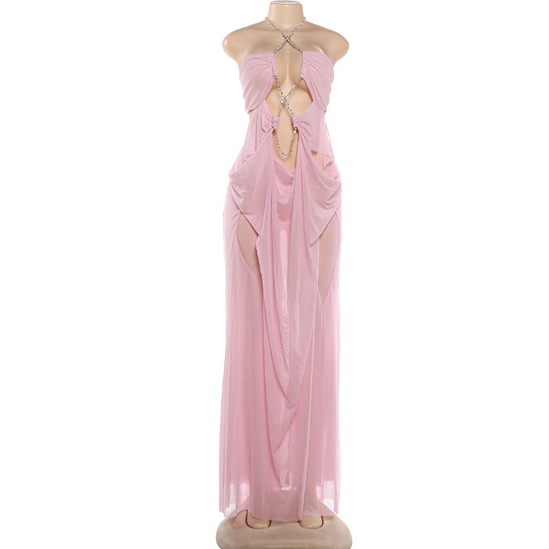 MB1902 Light Blue Sheer Mesh Halter Maxi Dress – Rhinestone Cutout Party Gown