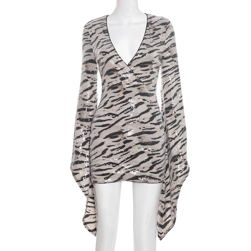 MB1427 Snake Print Sequin Mini Dress with Flared Bell Sleeves