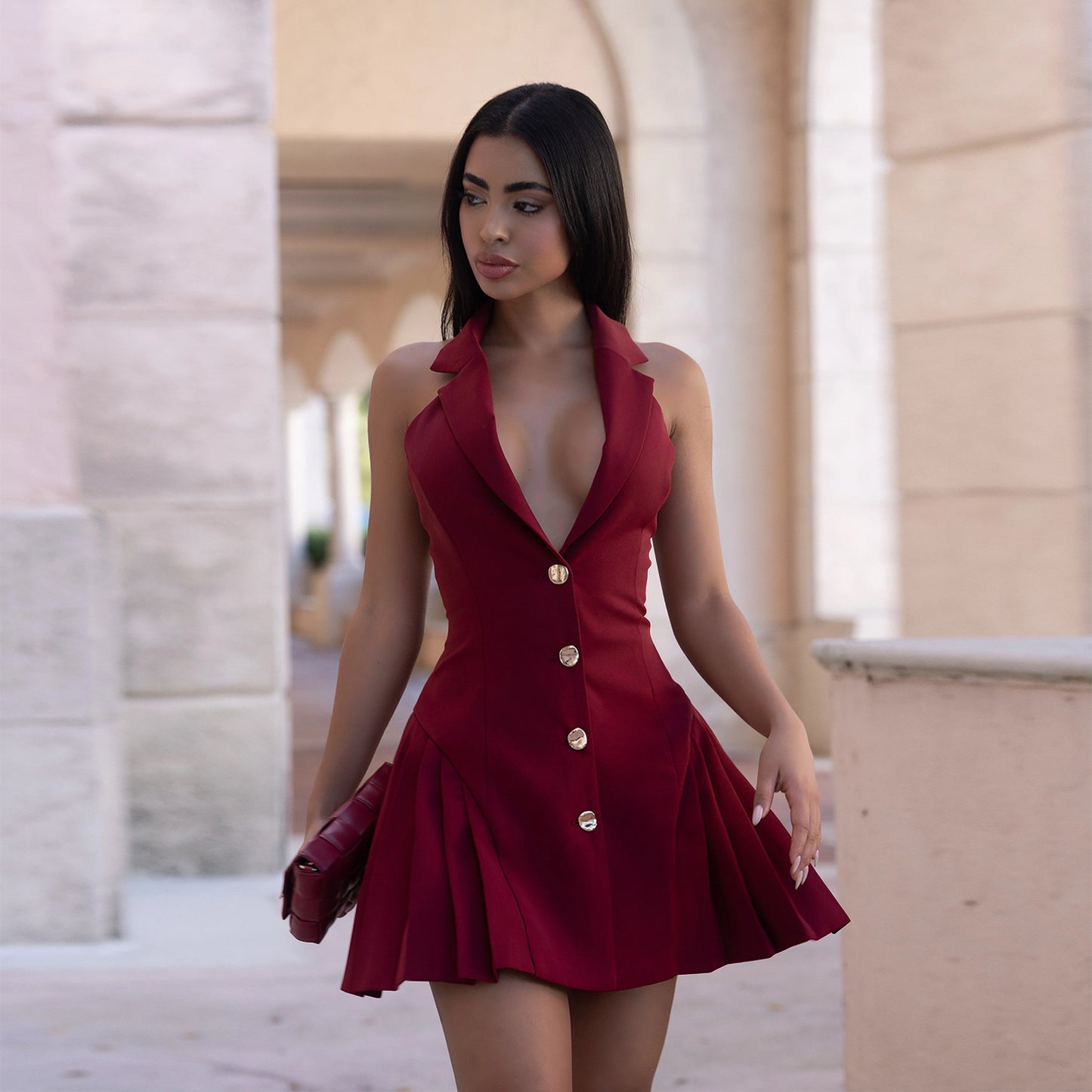 MB1615 Halter Blazer-Style Mini Dress with Gold Buttons