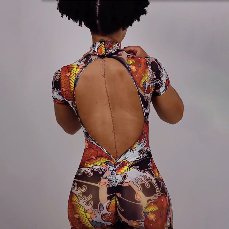 MB1112 Graphic Print Sheer Tight Backless Romper