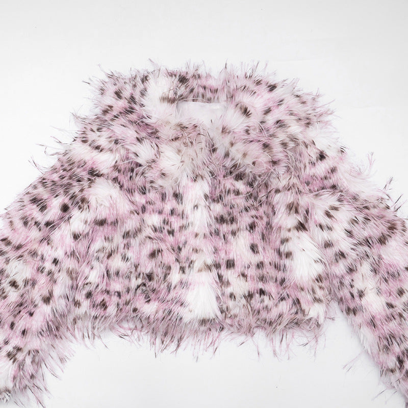 MB10141 Women’s Pink Leopard Print Long Fur Cropped Jacket