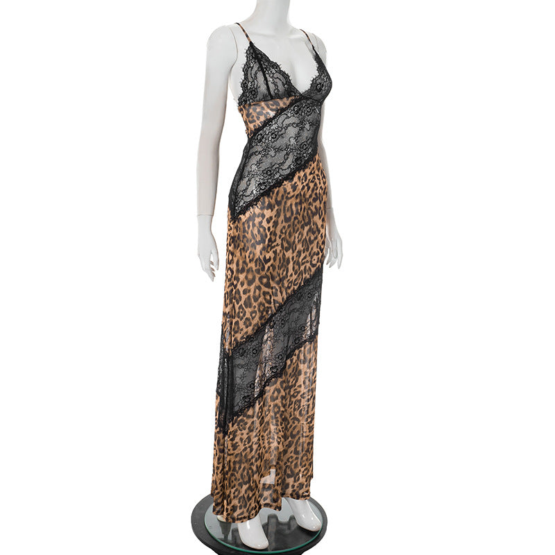 MB1028 Leopard Print Lace Trim Maxi Dress