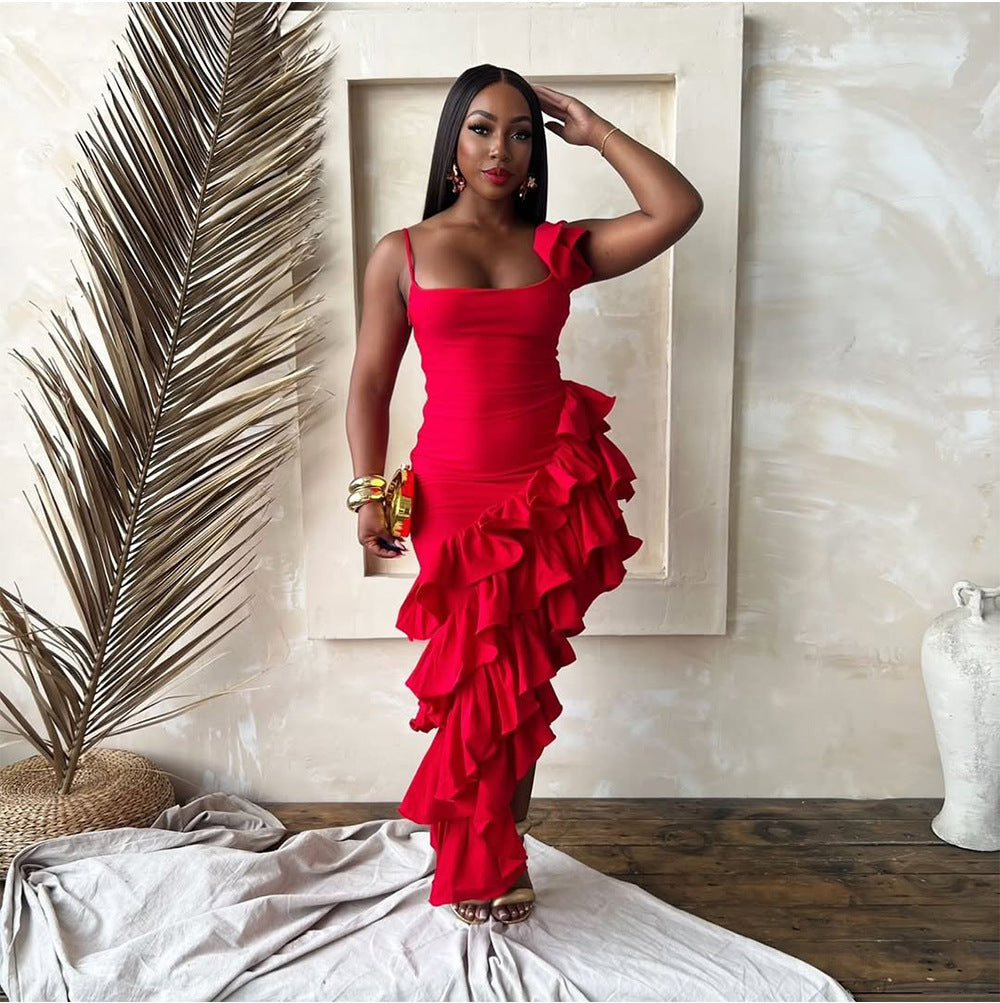 MB1207 Women's Ruffle Spaghetti Strap Dress