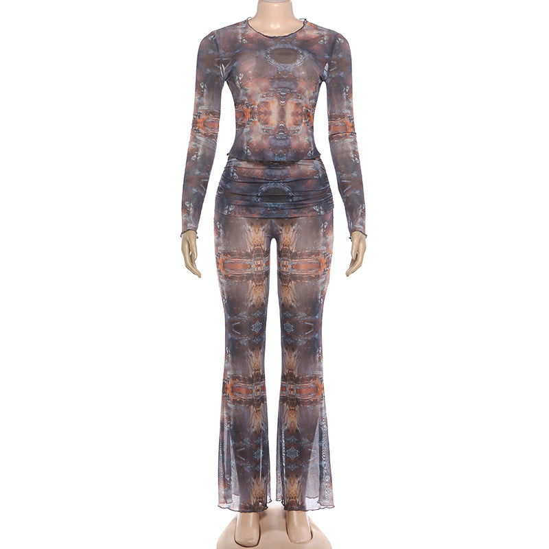 MB1826 Women's Sheer 2 Piece Set - Long Sleeve Top & Flared Mesh Pants