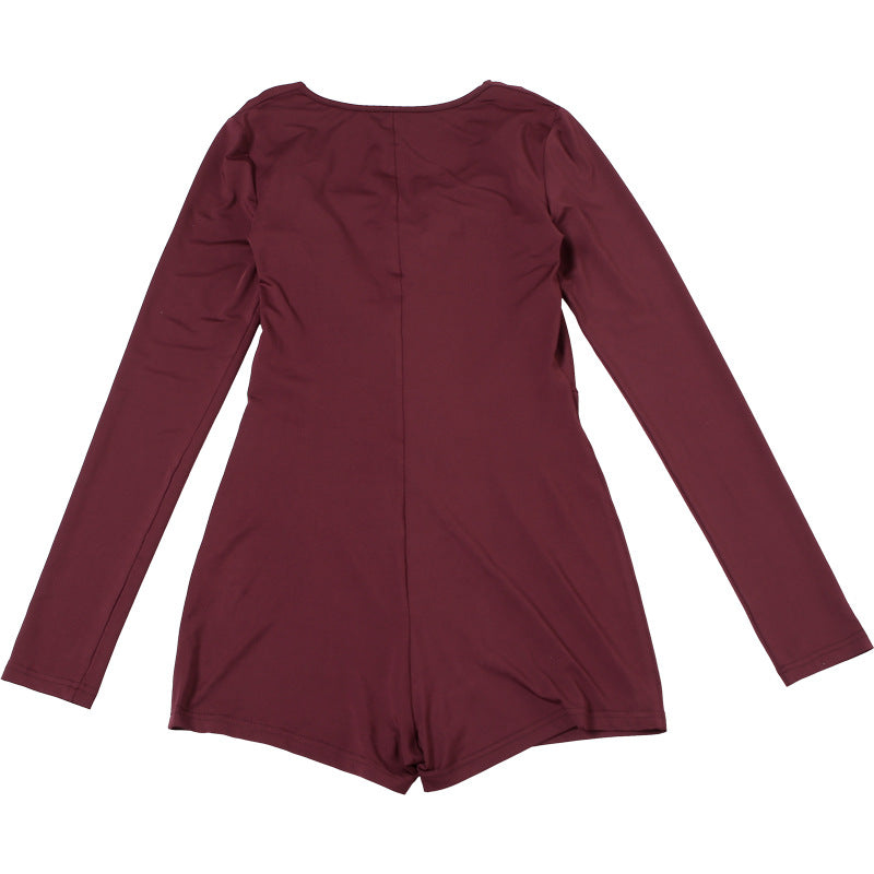 MB1501 Deep V Ruched Long Sleeve Romper