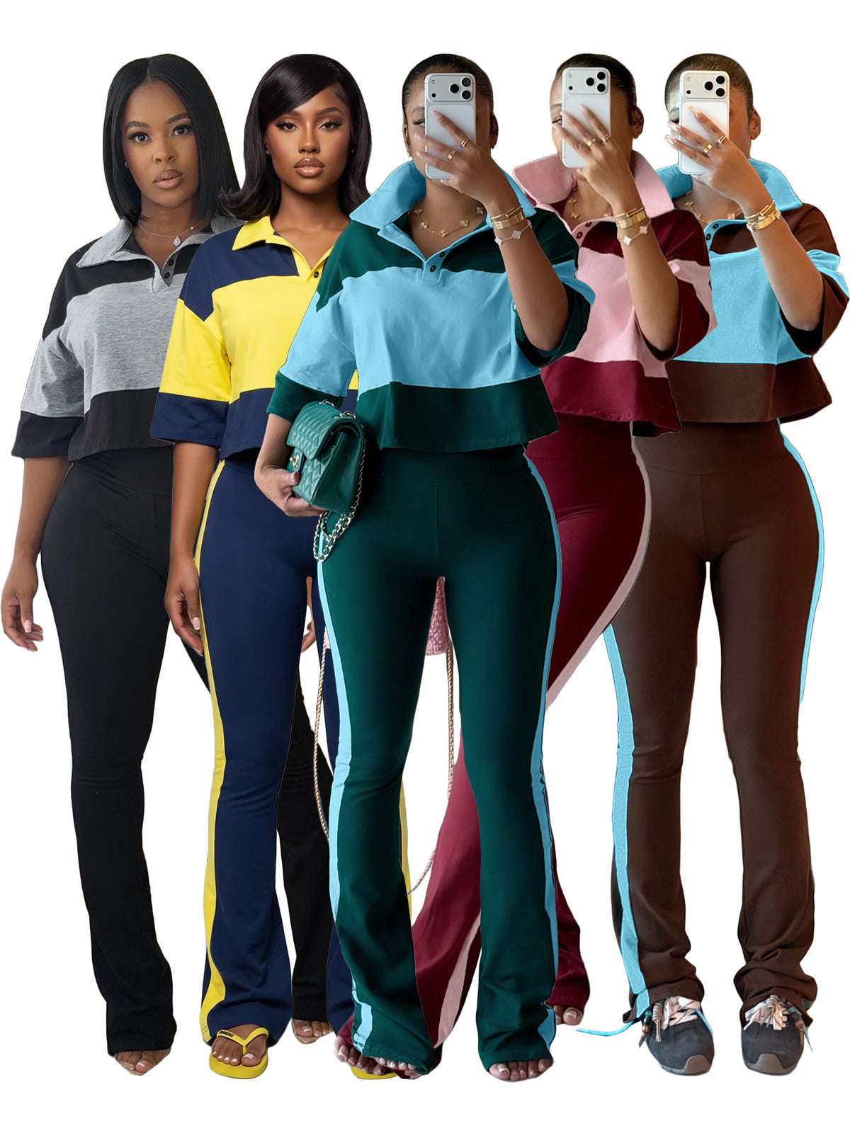 MB1736 Color‑Block Cropped Polo Top & Side‑Stripe Flare Pants 2‑Piece Set