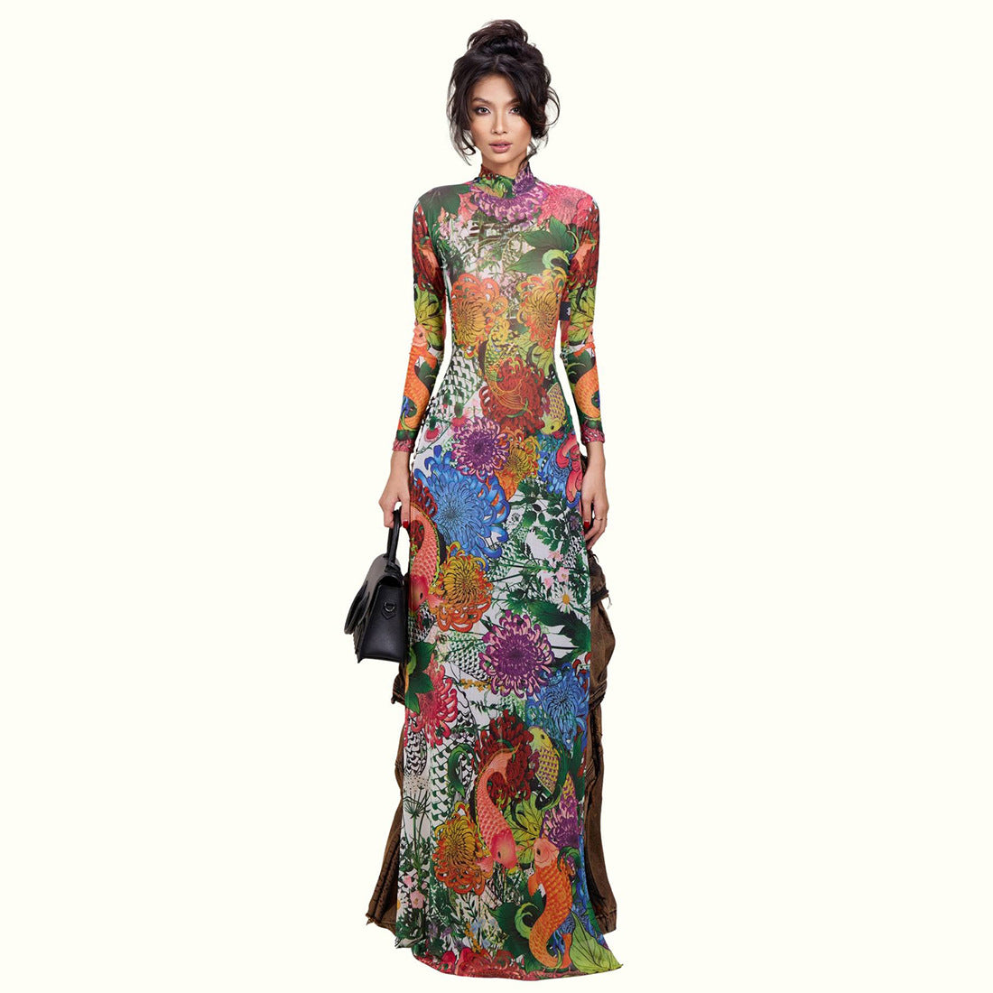 MB1838 Sexy High Neck Long Sleeve Sheer Maxi Dress with Tropical Floral & Koi Fish Print