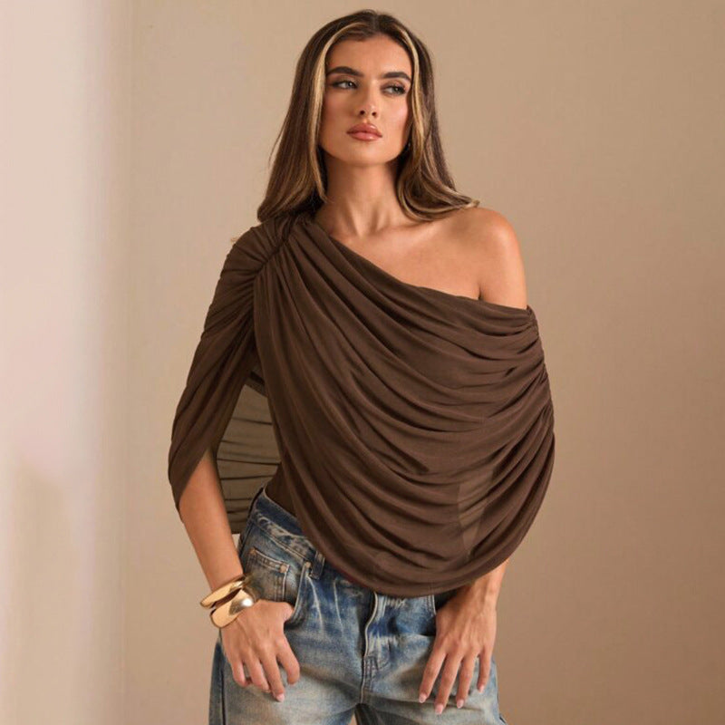MB1459 One‑Shoulder Draped Ruched Sheer Mesh Bodysuit