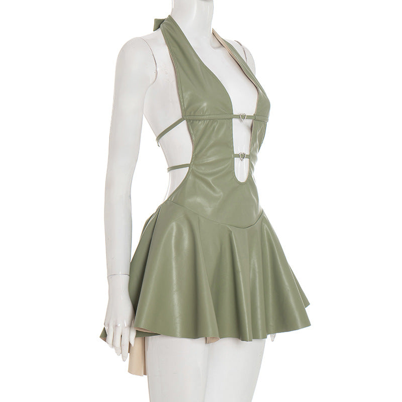 MB1085 Faux Leather Halter Dress Mini Dress for Women