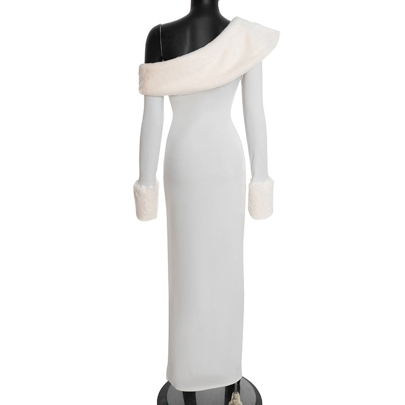MB1419 White Faux Fur Trim Bodycon Maxi Dress for Women