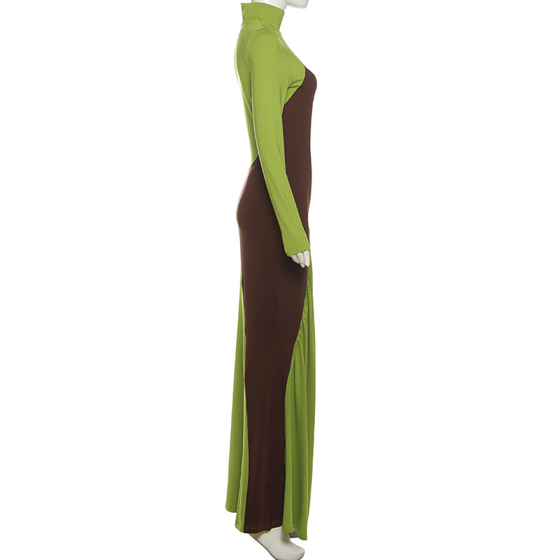 MB1515 Color Block Turtleneck Maxi Dress