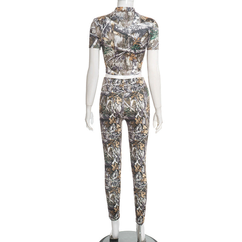 MB10125 Leaf Camo Print Two Piece Set - Crop Top & High Waist Pants