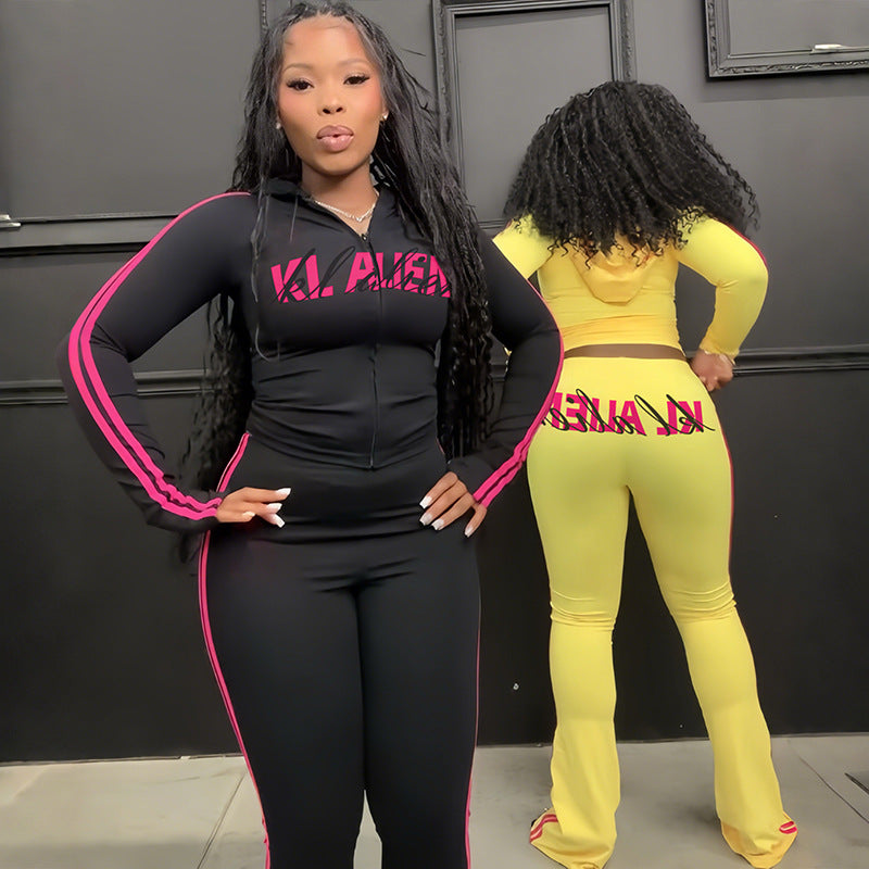 MB1825 Hooded Zip Up Top & Flare Pants 2 Piece Set Loungewear for Women