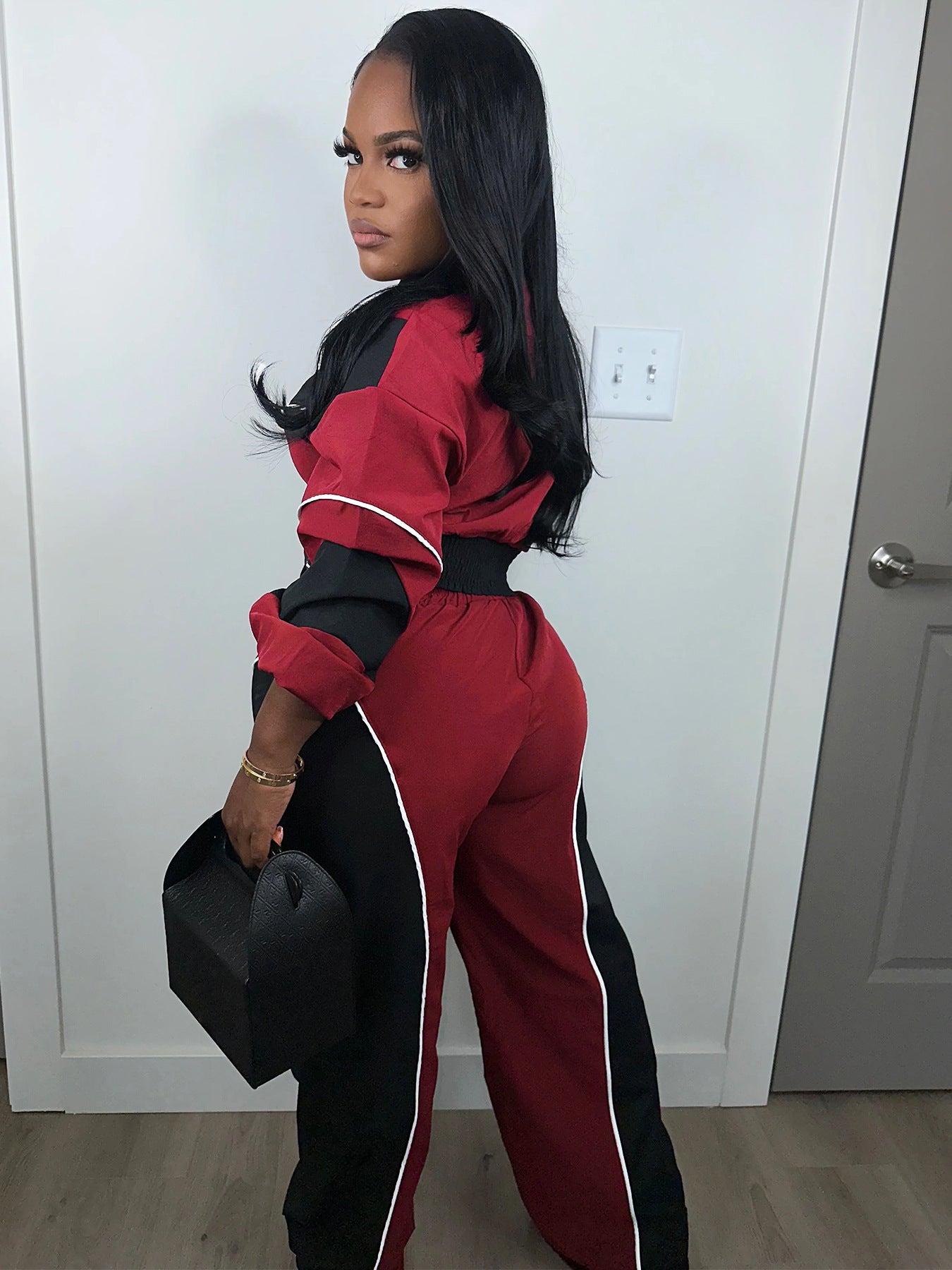 MB1705 Color Block Crop Jacket & Wide Leg Pants Two-Piece Set for Women