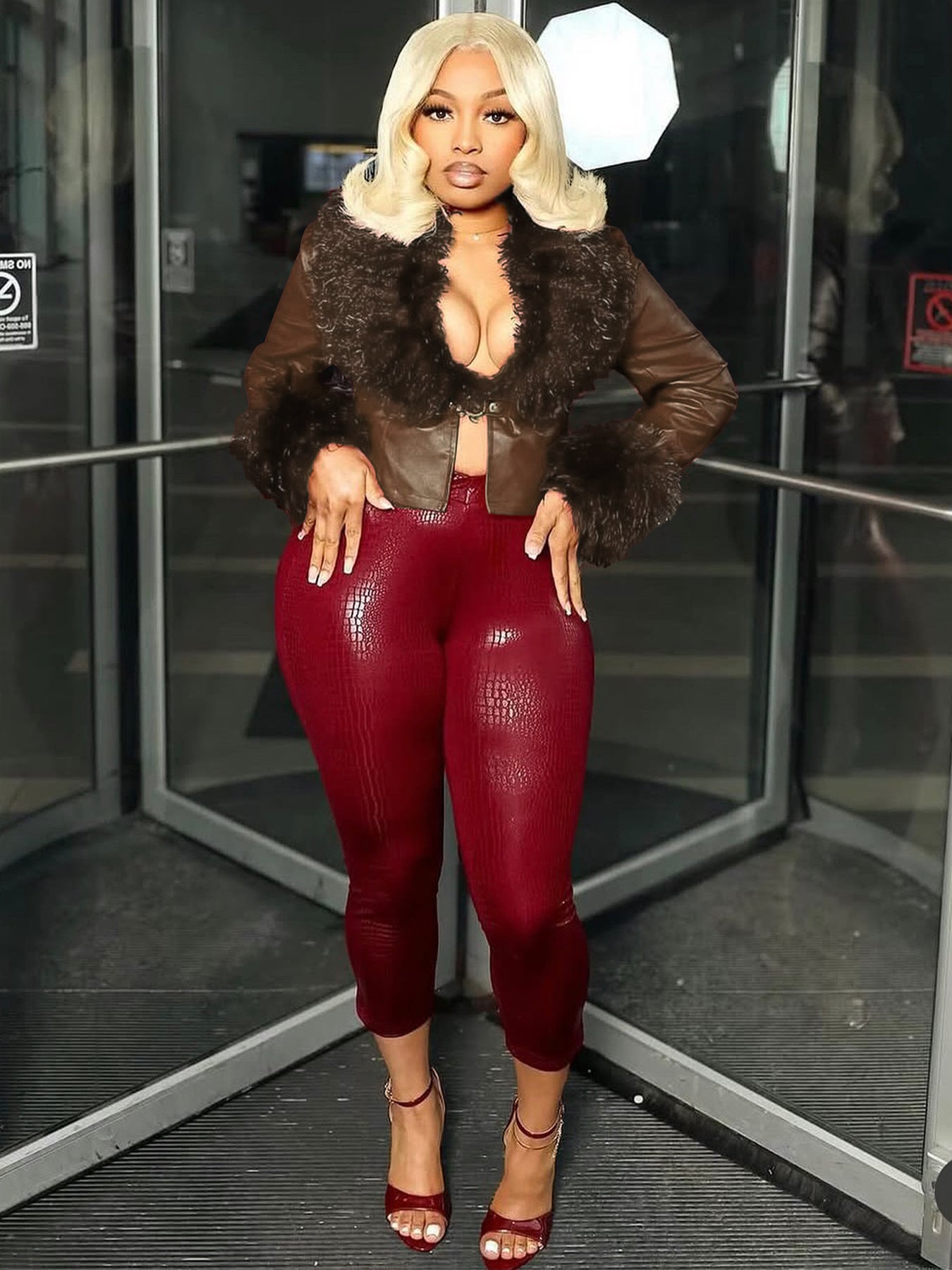 MB1707 Feather Collar & Cuff Trim Cropped Leather Zipper Jacket for Women