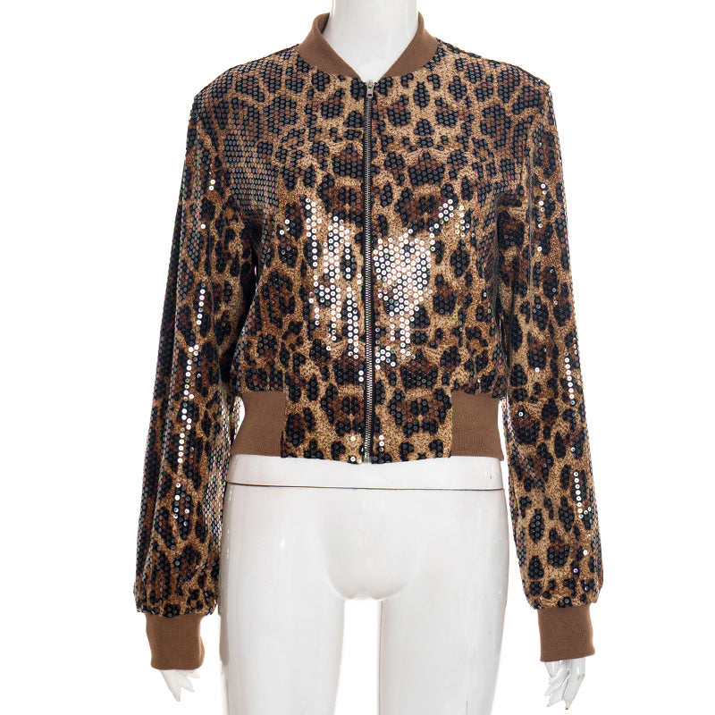 MB10142 Women’s Leopard Print Sequin Bomber Jacket