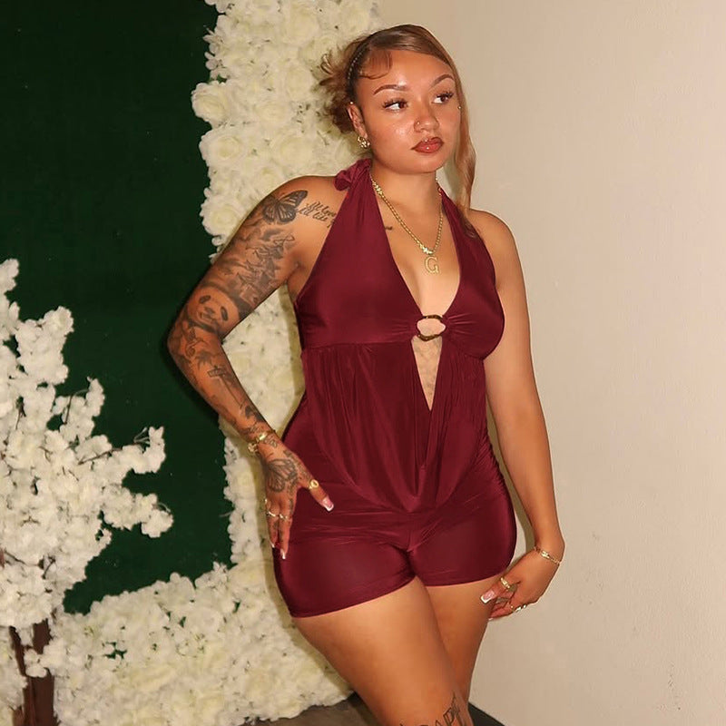 MB10167 Draped Deep V Backless Bodycon Short Jumpsuit