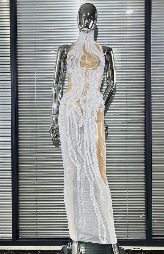 MB2105 White Sequin Mesh Maxi Dress, High Neck Sheer Bodycon Party Gown