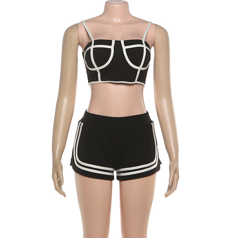 MB1803 Women's Cropped Jacket + Strappy Crop Top + High-Waisted Shorts Three-Piece Outfit