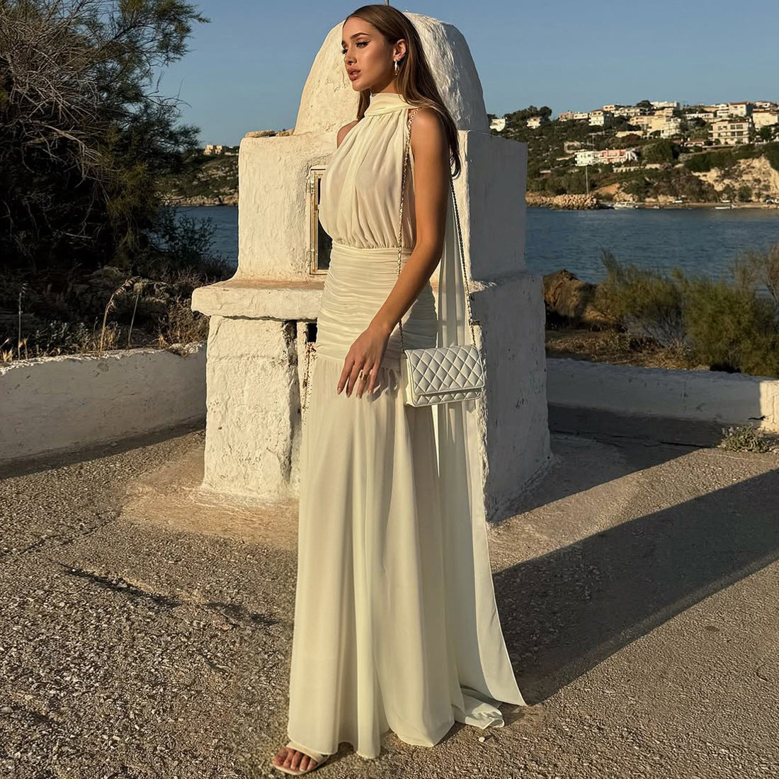 MB1121 Cape Back Ruched Maxi Dress