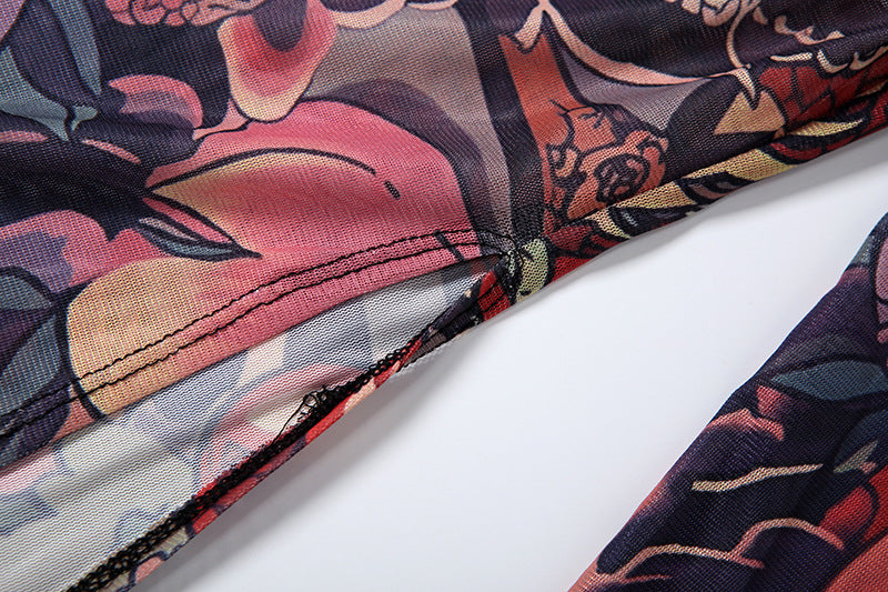 MB1837 Sexy High Neck Long Sleeve Sheer Maxi Dress with Japanese Ukiyo-e Dragon Print