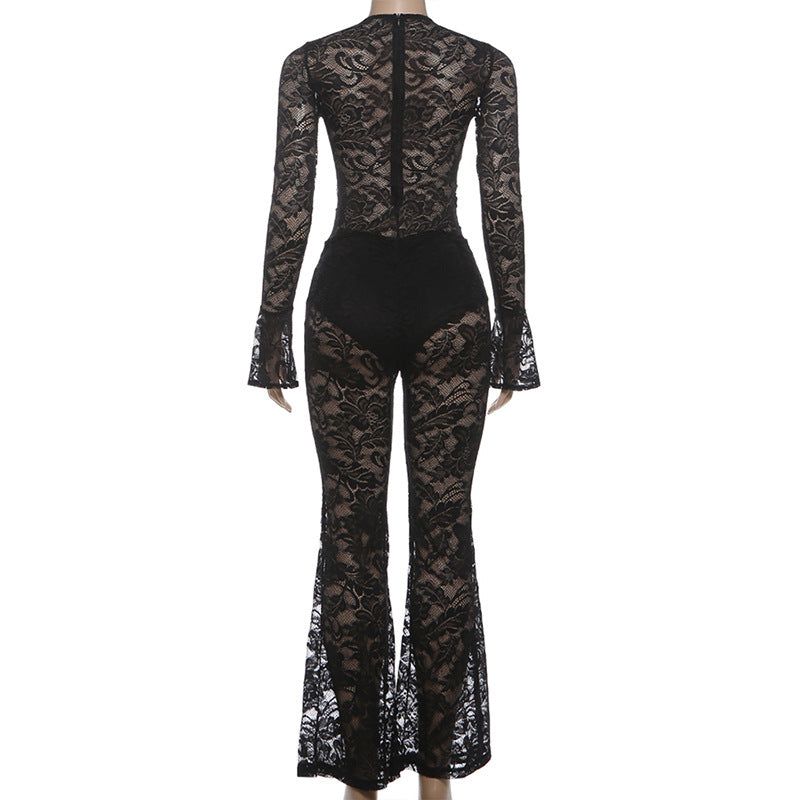 MB1823 Lace Cutout Long Sleeve Top & Flare Pants 2 Piece Set