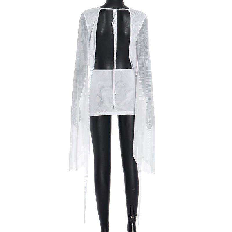 MB1031 Women's Mesh Backless Dress with Draped Neckline