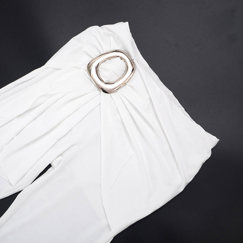 MB10160 Women's Halter Neck Deep V Crop Top with Flared Pants 2 Piece Set