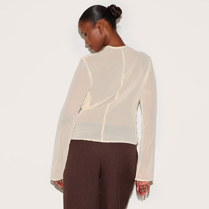 MB10104 Deep V-Neck Chiffon Long Sleeve Blouse for Women