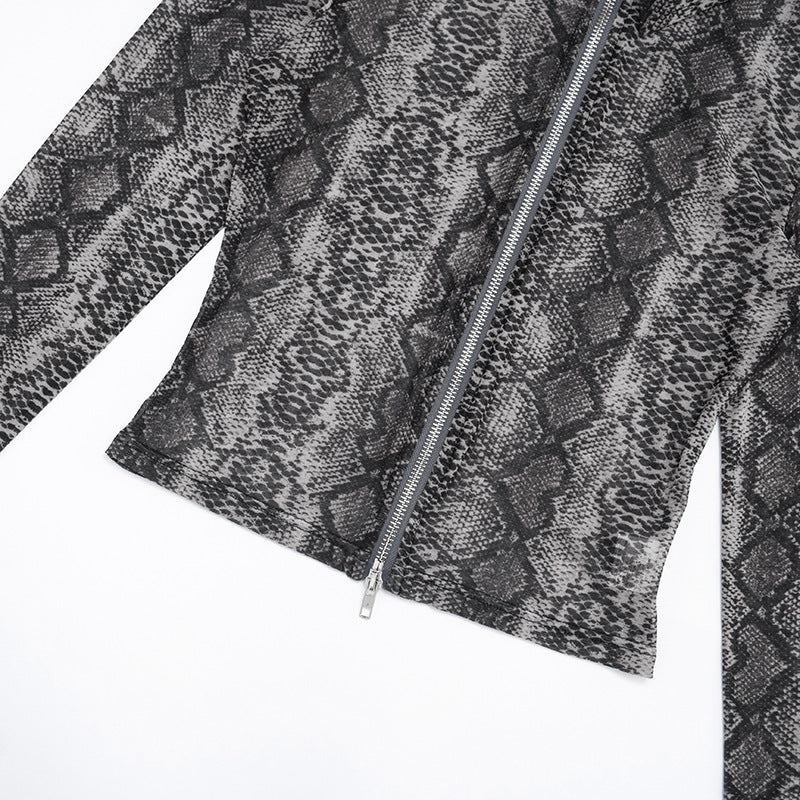 MB10109 Snake Print Mesh 2-Piece Set - Long Sleeve Top & Flared Pants