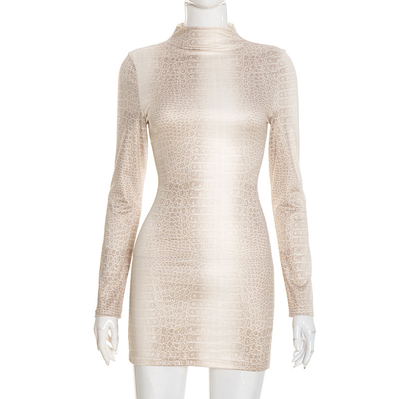 MB10128 Women's Snake Print Mock Neck Long Sleeve Mini Dress