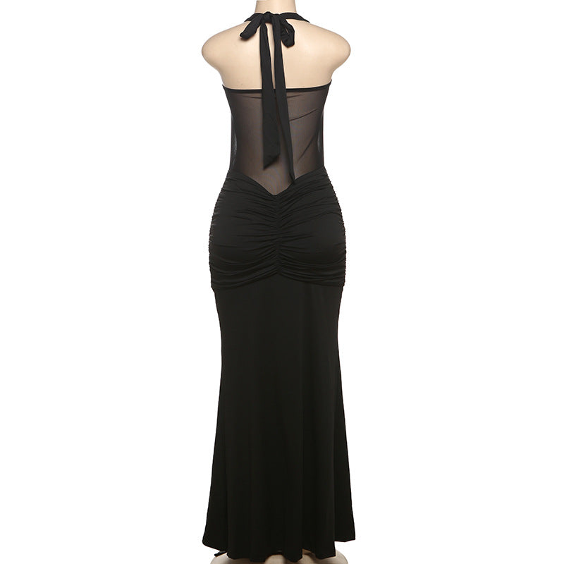 MB1816 Women's Sheer Mesh Halter Ruched Mermaid Maxi Dress